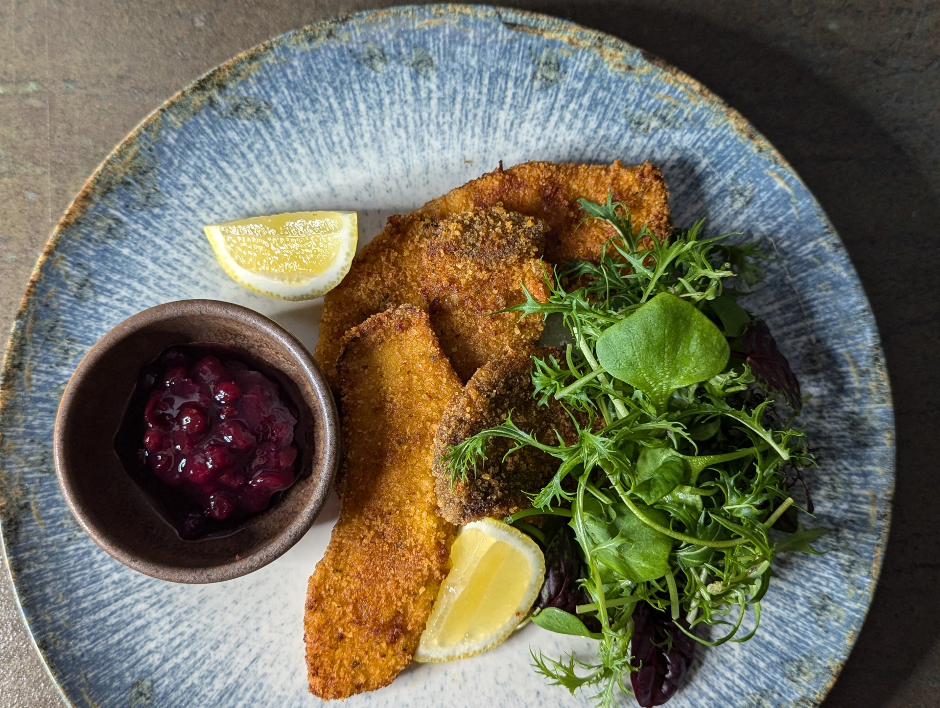 Panierte Schnitzel mit frischem Gemüse, Zitronenschnitzen und einer kleinen Schale mit roter Beerensoße auf einem Teller.