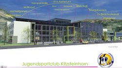 Modernes Gebäude mit Einrichtungen für einen Jugendsportverein, einschließlich Kletterturm, Basketball und Restaurant.