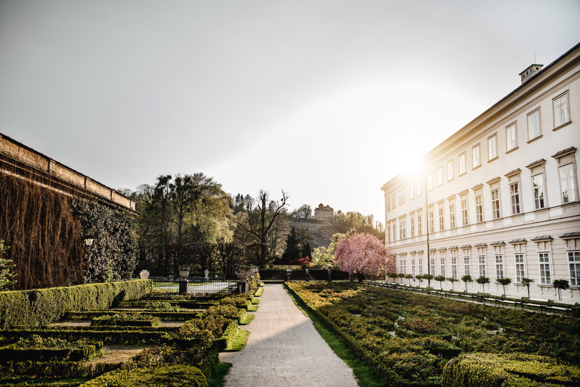 Ein formeller Gartenweg zwischen einem klassischen weißen Gebäude und gepflegten Hecken, der zu einem Schloss am Hang führt.