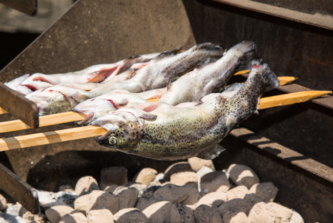 In Reih und Glied grillen die Fische über den Holzkohlen.