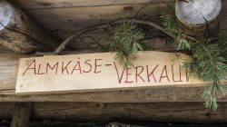 Ein Holzschild mit der Aufschrift ALMKÄSE-VERKAUF in Rot, verziert mit grünen Tannenzweigen.
