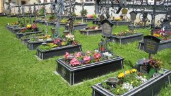 Friedhof mit verschnörkelten Metallkreuzen und blumengeschmückten Gräbern an einem sonnigen Tag.