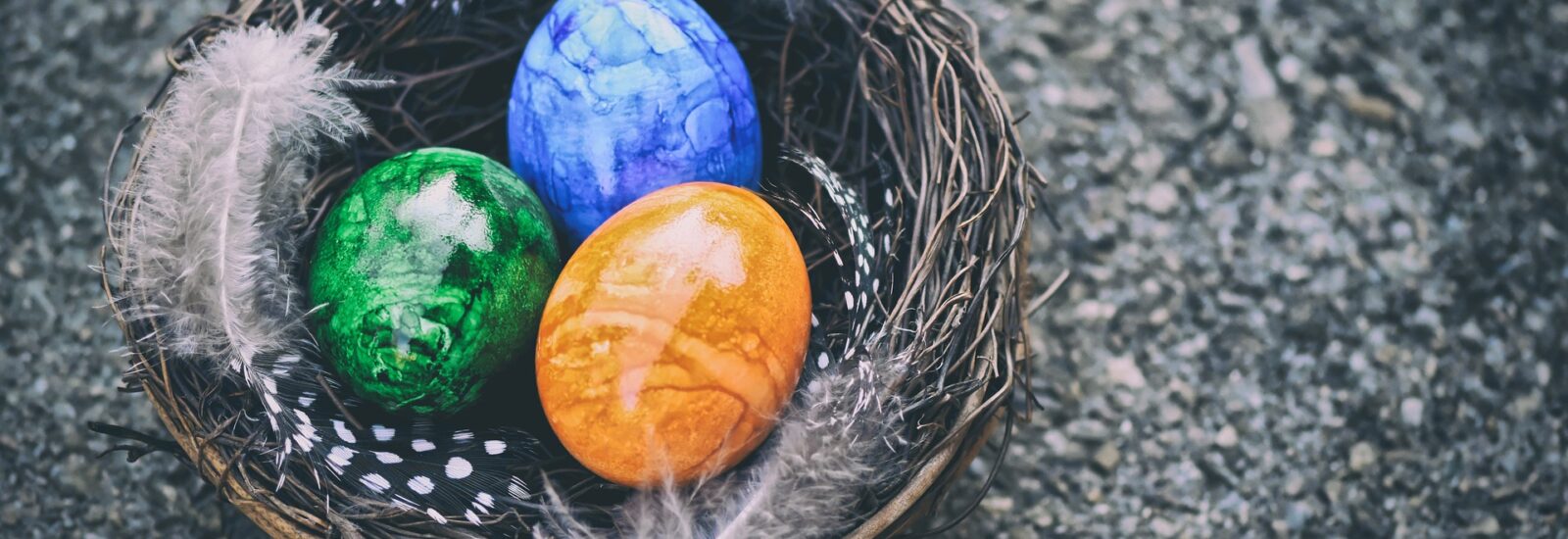 Ein Nest mit drei bunten Ostereiern - blau, grün und orange -, umgeben von Federn auf einer grauen Fläche.