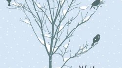 Ein blattloser Baum mit Vögeln auf den Ästen, Schneefall und dem deutschen Text MEIN RAUNÄCHTE-TAGEBUCH.