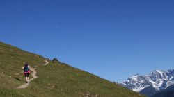 Eine Person wandert auf einem gewundenen Bergpfad unter strahlend blauem Himmel, mit schneebedeckten Gipfeln in der Ferne.