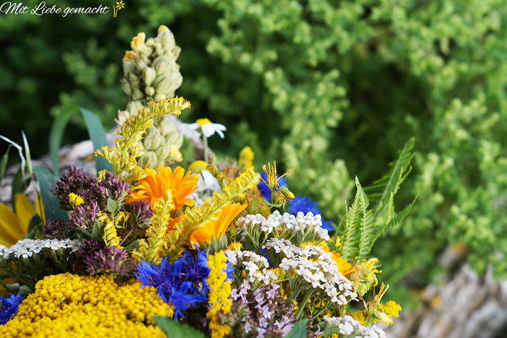 Ein bunter Strauß Wildblumen mit grünem Laub im Hintergrund, Text in Deutsch in der oberen linken Ecke.