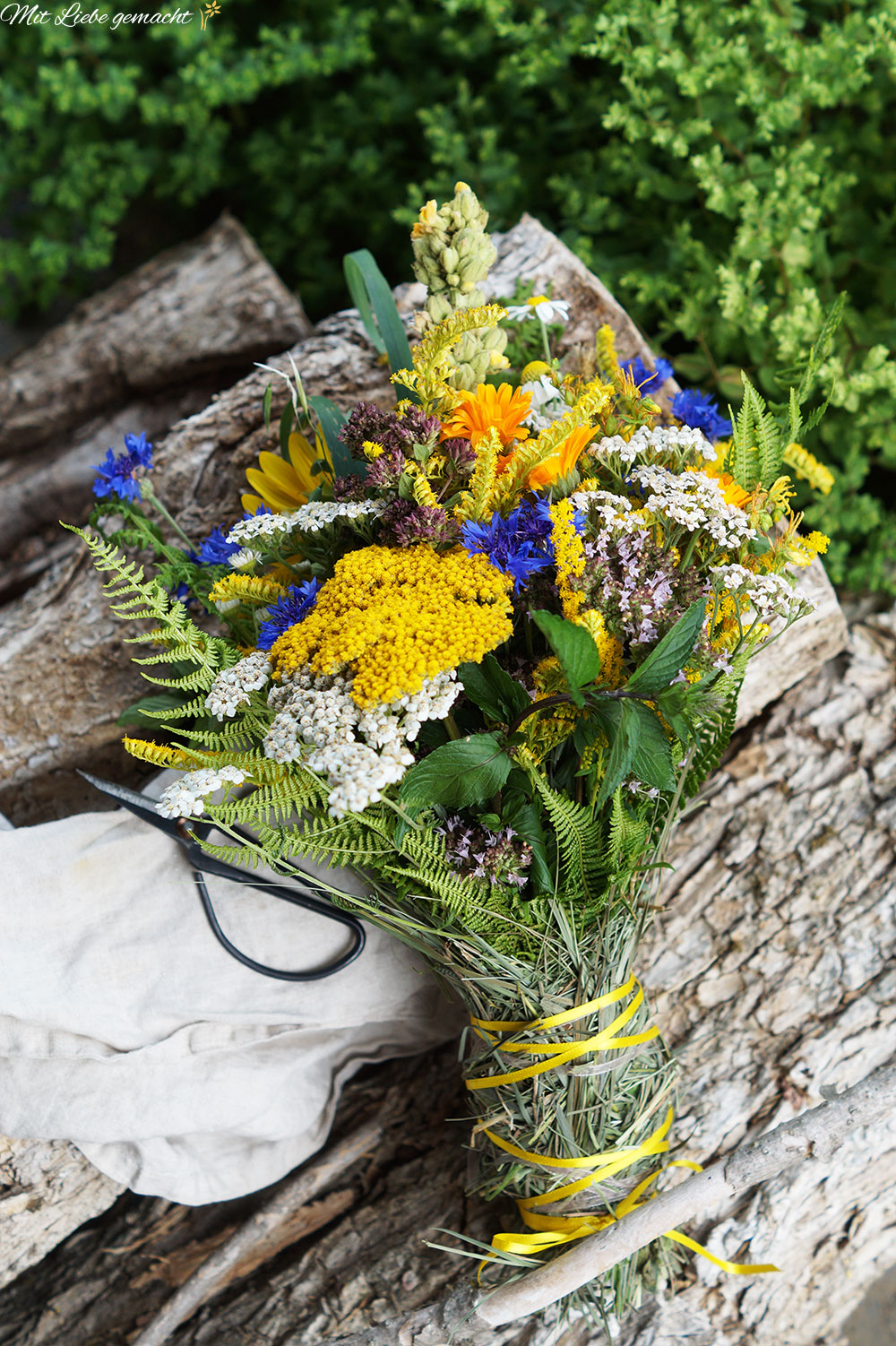 Ein Strauß Wildblumen mit gelben, weißen und violetten Blüten, gebunden mit einem Band, ruht auf einer Baumrinde.