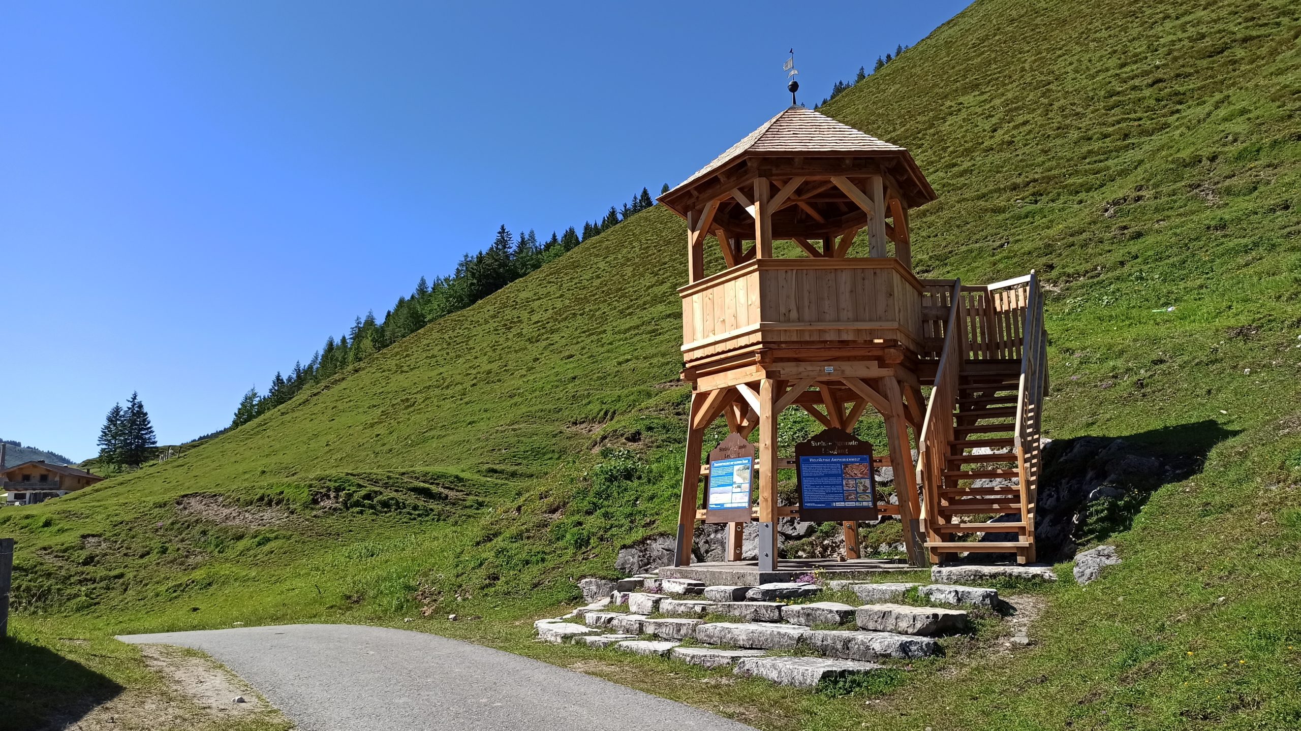 Der kleine Aussichtsturm unmittelbar am Radweg, dahinter der steile Hang