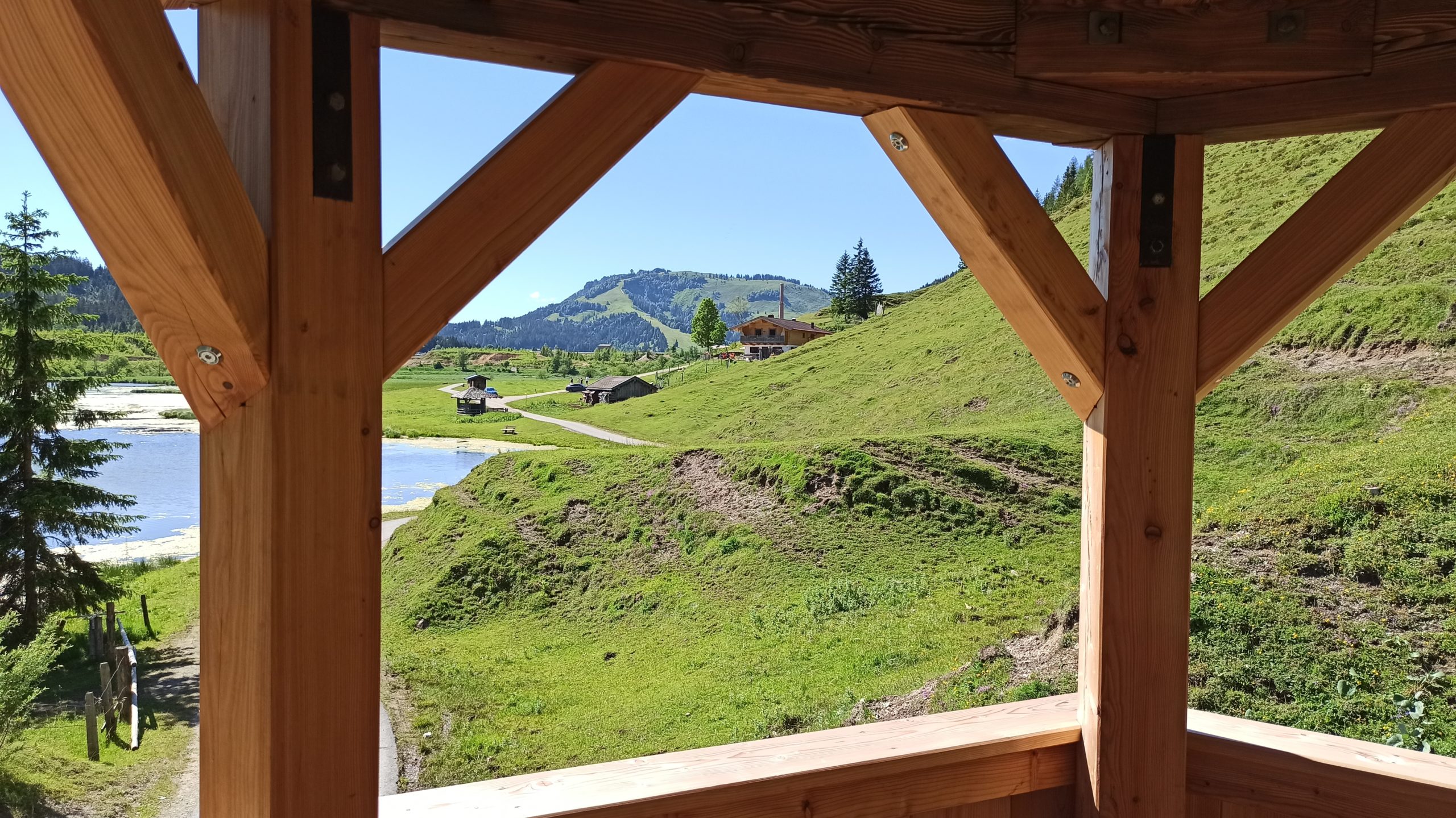 Blick vom Aussichtsturm in westliche Richtung zur Seealm, dahinter die Landesgrenze