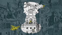 Eine Graustufen-Collage klassischer Gebäude und Figuren mit DomQuartier und goldenen Akzenten, mit einem Buddha-Emblem oben rechts.