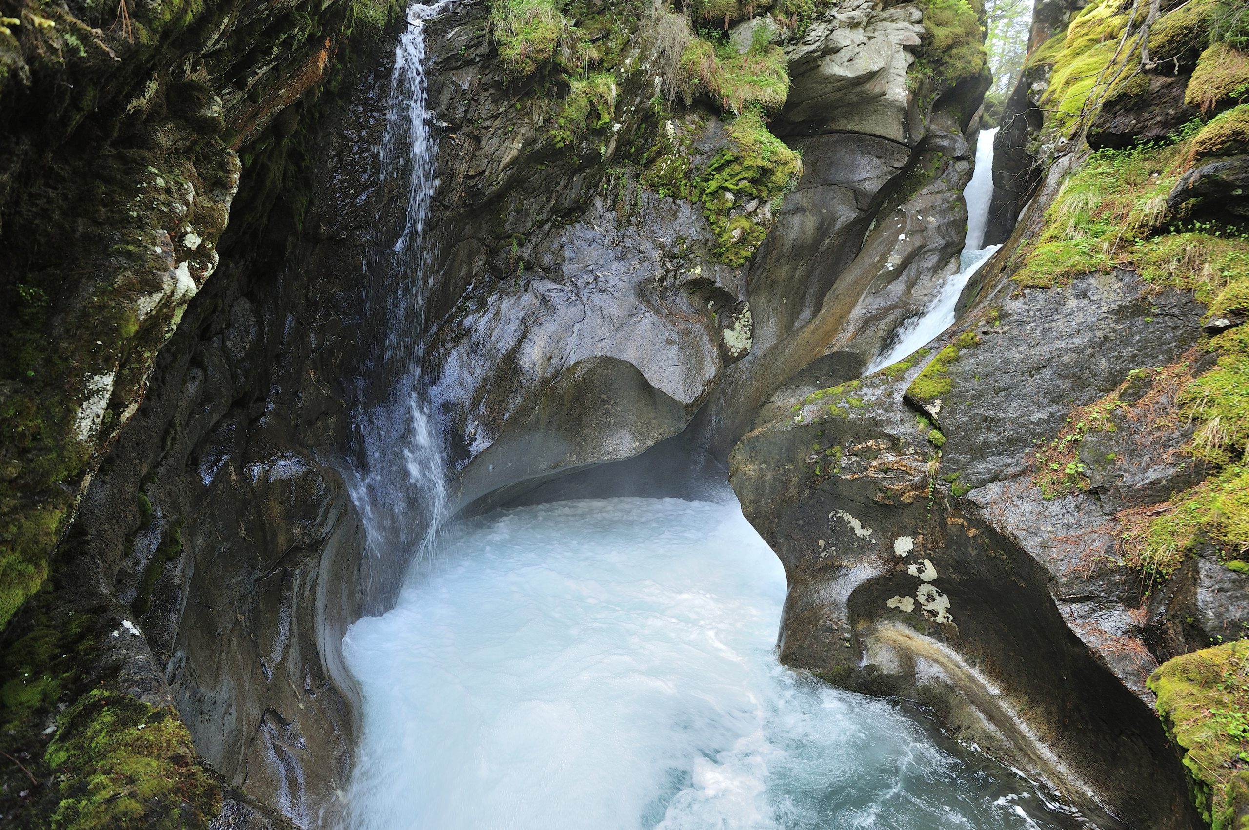 Ein Wasserfall stürzt in eine tiefe Felsenschlucht, umgeben von Moos und üppigem Grün.