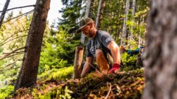 Mann mit Mütze und Handschuhen bei der Arbeit an einem bewaldeten Hang mit Bäumen und Grünzeug um ihn herum.