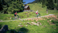 Zwei Personen fahren mit dem Fahrrad auf einem Weg durch grüne Hügel in der Nähe einer Holzhütte und Kiefern.
