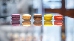 Sechs bunte Macarons in einer Reihe spiegeln sich auf einer Glasfläche mit unscharfem Hintergrund.