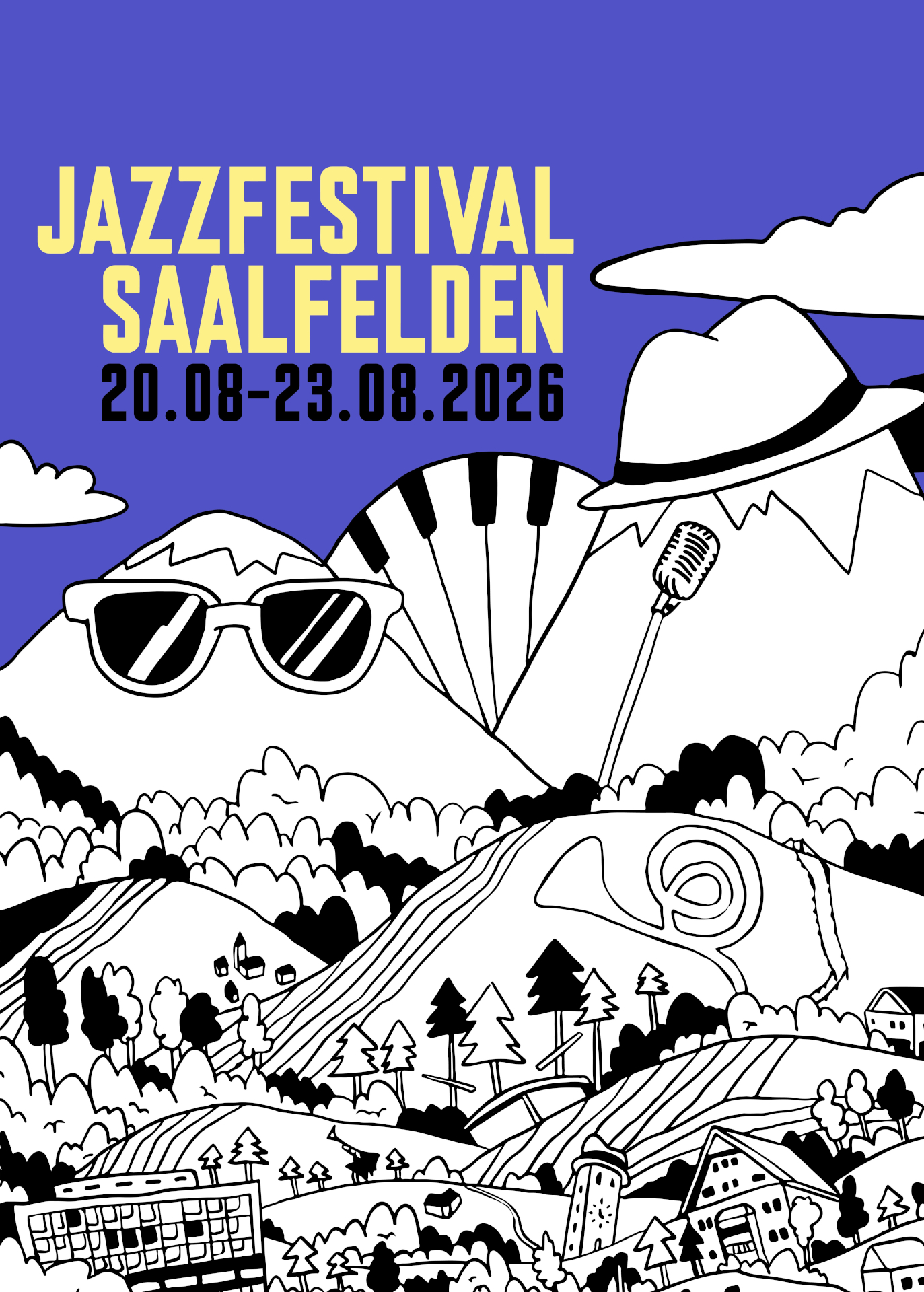 Plakat für das Jazzfestival Saalfelden 2026 mit Bergen, Sonnenbrillen, einem Hut, einem Mikrofon und den Festivaldaten.