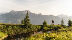 Zwei Wanderer gehen auf einem grasbewachsenen Hügel mit Kiefern, Bergen und einem Teich im Hintergrund.