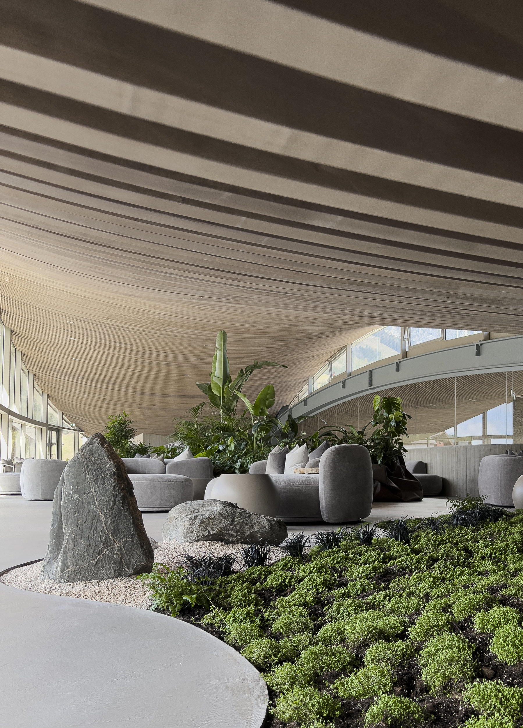 Moderne Indoor-Lounge mit geschwungener Holzdecke, Pflanzen, großen Steinen und natürlichem Licht aus Glasfenstern.