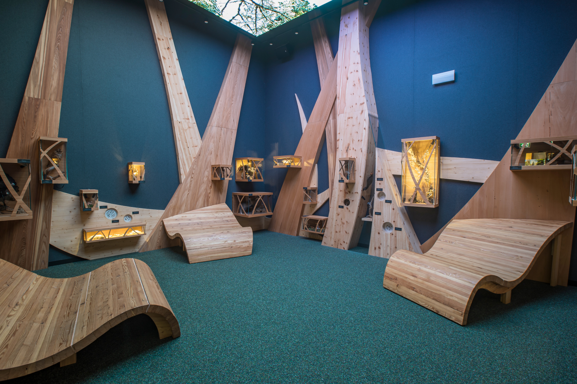 Moderner Ruheraum mit Loungesesseln aus Holz, geometrischen Regalen und baumartigen Wandakzenten aus Holz.