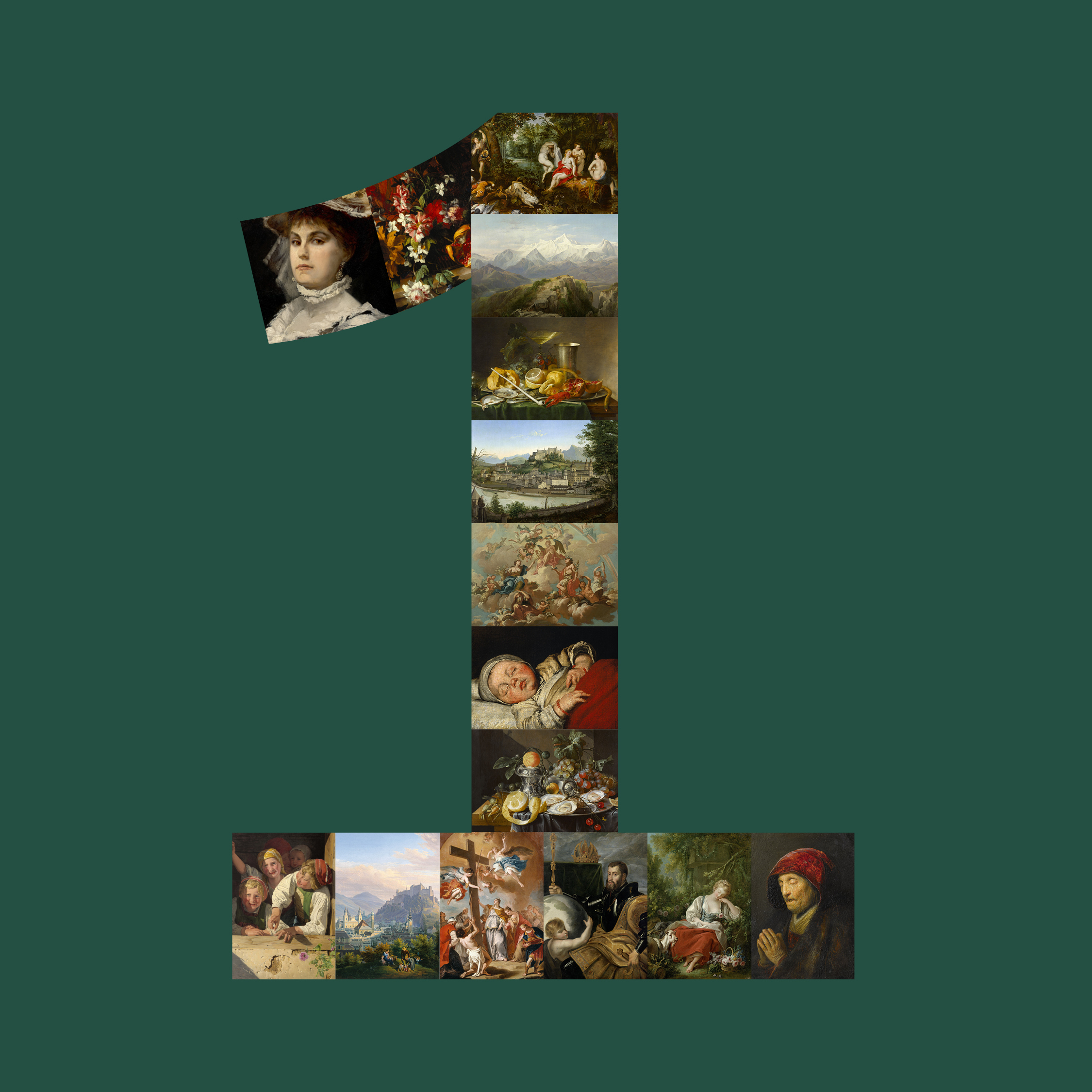 Die Zahl 1 besteht aus verschiedenen klassischen Gemälden auf dunkelgrünem Hintergrund.