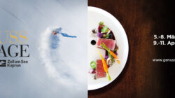 Geteilte Darstellung: Skifahrer auf verschneiter Piste (links), Gourmetgericht auf weißem Teller (rechts). Veranstaltungsdaten und Website werden angezeigt.