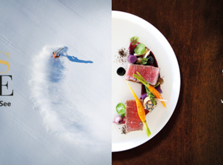 Geteilte Darstellung: Skifahrer auf verschneiter Piste (links), Gourmetgericht auf weißem Teller (rechts). Veranstaltungsdaten und Website werden angezeigt.