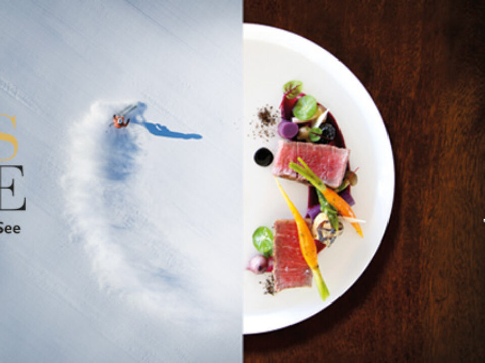 Geteilte Darstellung: Skifahrer auf verschneiter Piste (links), Gourmetgericht auf weißem Teller (rechts). Veranstaltungsdaten und Website werden angezeigt.