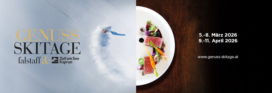 Geteilte Darstellung: Skifahrer auf verschneiter Piste (links), Gourmetgericht auf weißem Teller (rechts). Veranstaltungsdaten und Website werden angezeigt.