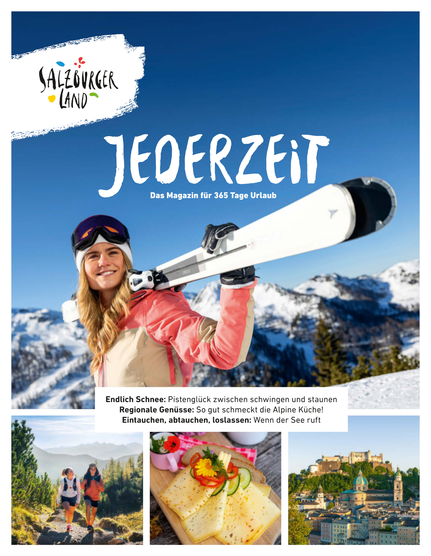 Titelseite des SalzburgerLand-Magazins mit einem Skifahrer, Wanderern, Brot und Käse sowie einer Stadtsilhouette.