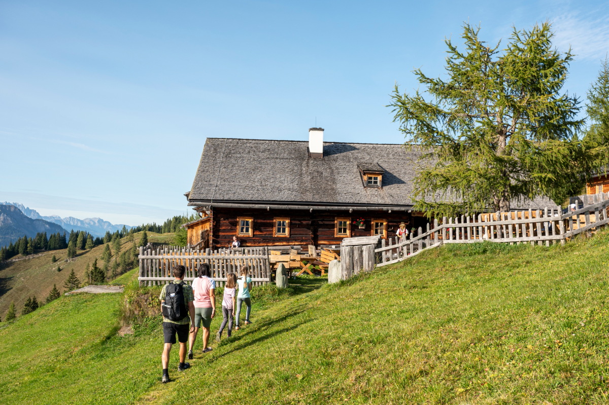 Familie wandert zur Alm