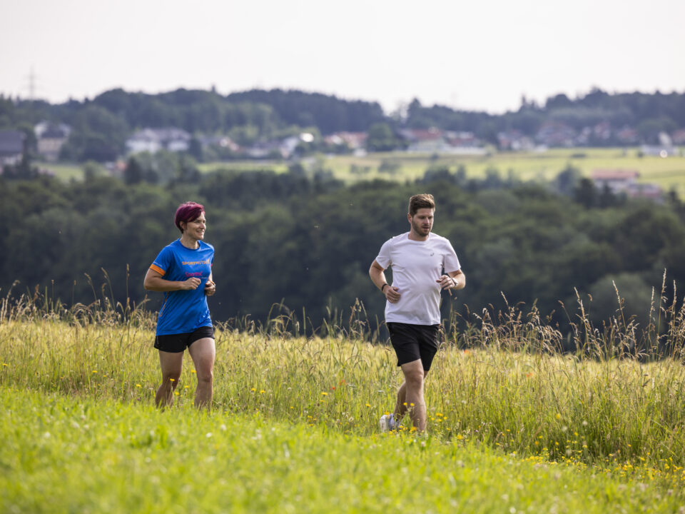 Zwei Menschen joggen durch eine Wiese, entdecken Tipps zum Thema Herzgesundheit und Training.