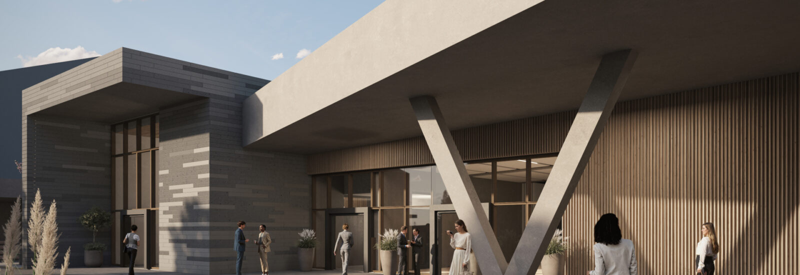 Modernes Äußeres eines Gebäudes mit stehenden und gehenden Menschen, mit großer V-förmiger Säule und Holzverkleidung.