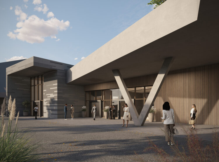 Modernes Äußeres eines Gebäudes mit stehenden und gehenden Menschen, mit großer V-förmiger Säule und Holzverkleidung.