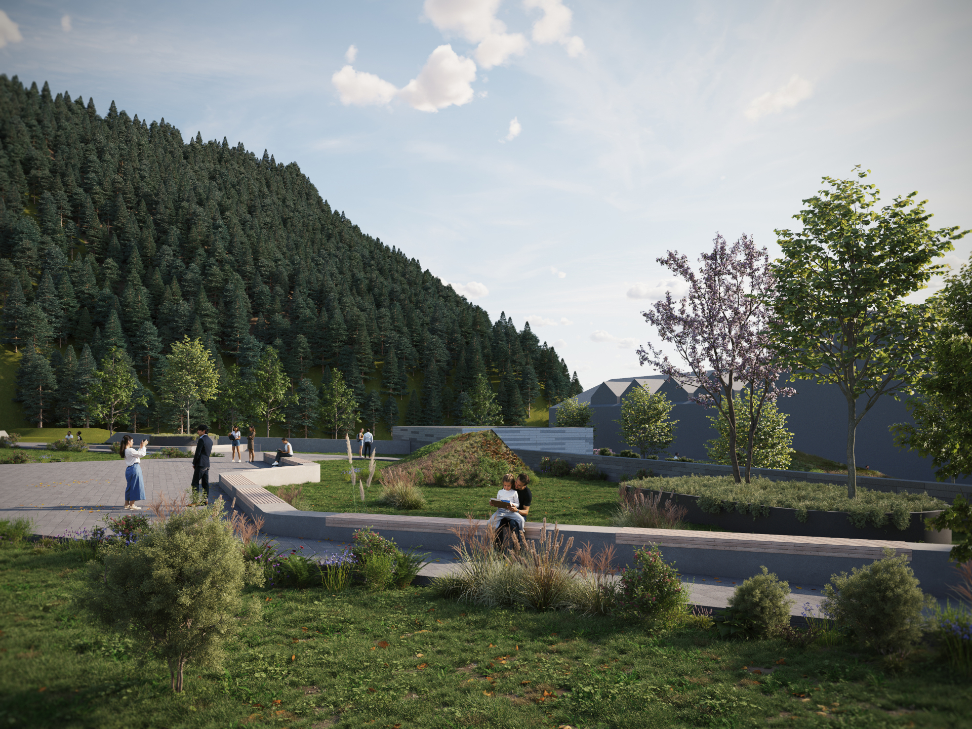 Die Menschen gehen spazieren und entspannen sich in einem Landschaftspark mit B&auml;umen, Gr&uuml;nfl&auml;chen und einem bewaldeten H&uuml;gel im Hintergrund.