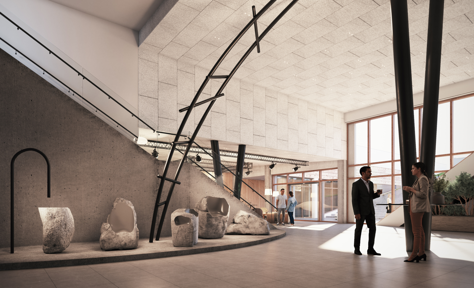 Moderne Lobby mit abstrakten Skulpturen, einer Treppe und Menschen, die sich im natürlichen Sonnenlicht unterhalten.