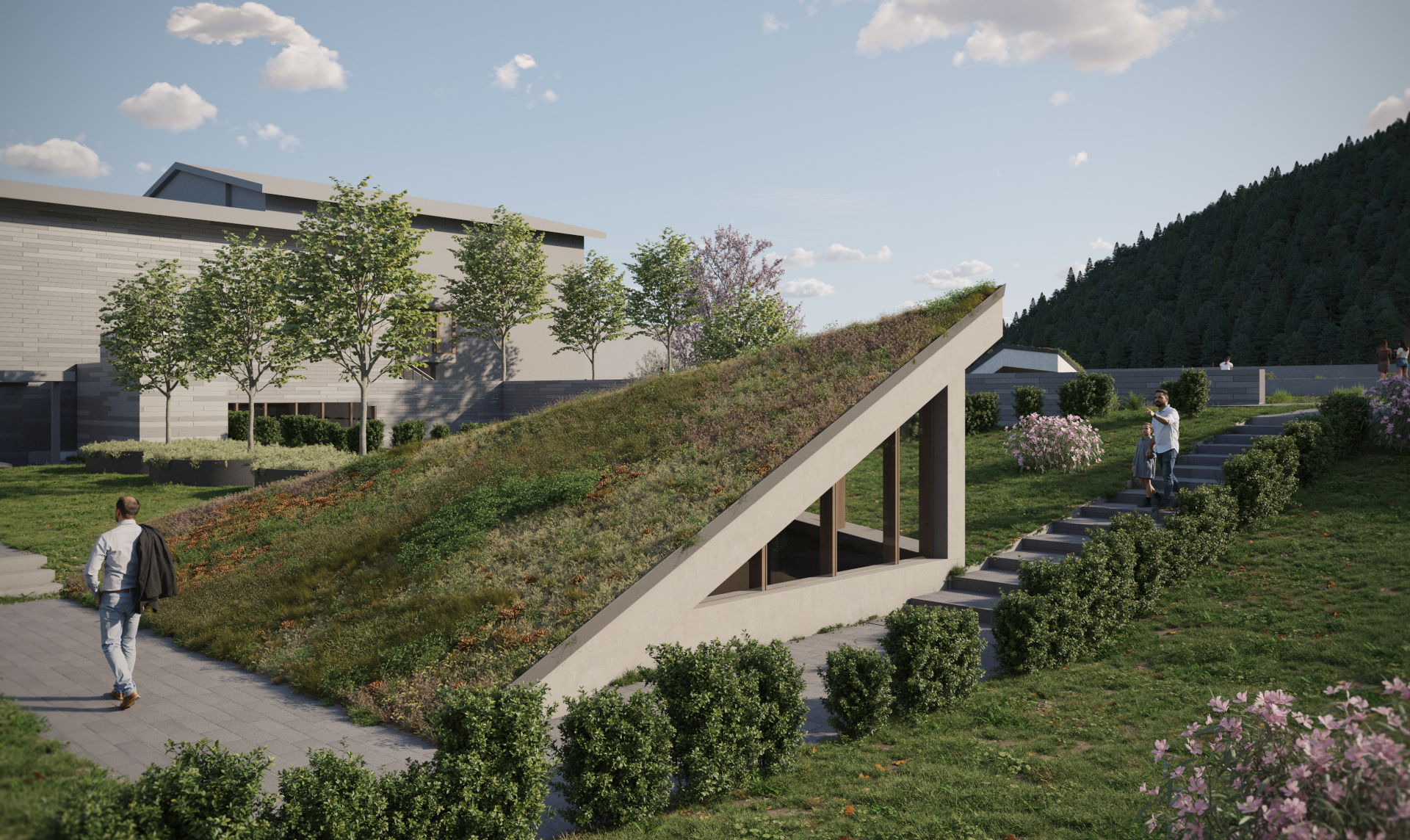 Ein modernes Geb&auml;ude mit einem begr&uuml;nten Schr&auml;gdach, umgeben von B&auml;umen, B&uuml;schen und Spazierg&auml;ngern.