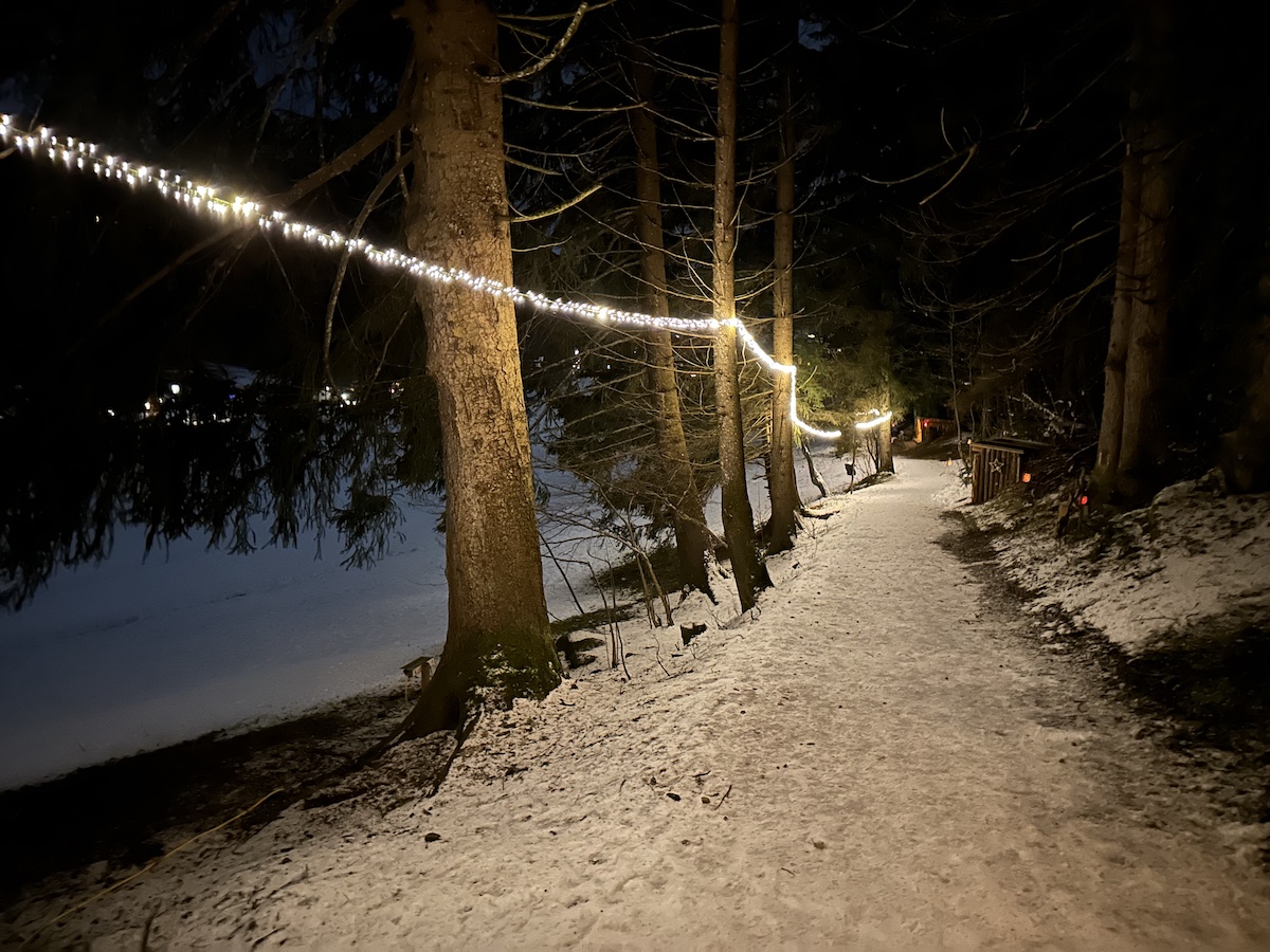 Ein verschneiter Laternenweg in Bramberg bei Nacht, beleuchtet von Lichterketten, die zwischen hohen Bäumen hängen.
