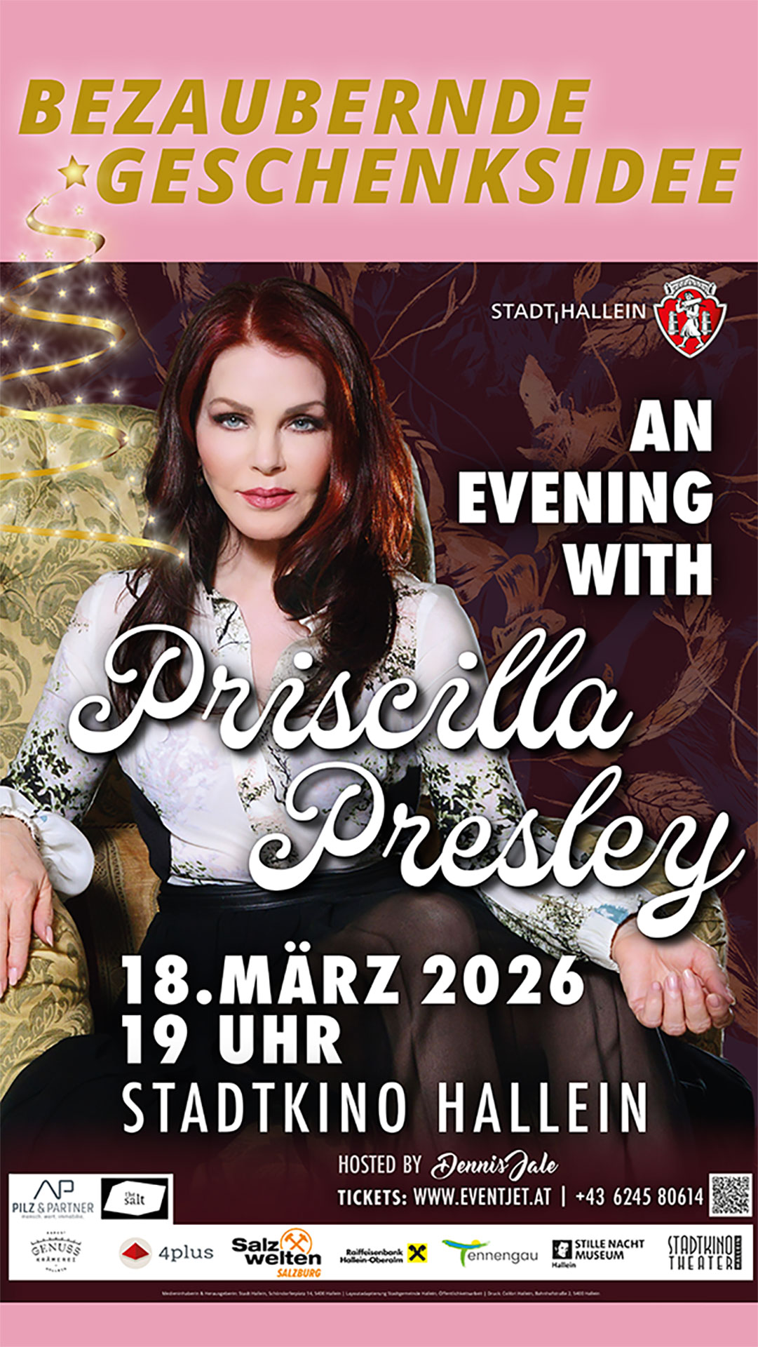 Veranstaltungsplakat mit Priscilla Presley, Text: Ein Abend mit Priscilla Presley, 18. M&auml;rz 2026, Hallein.