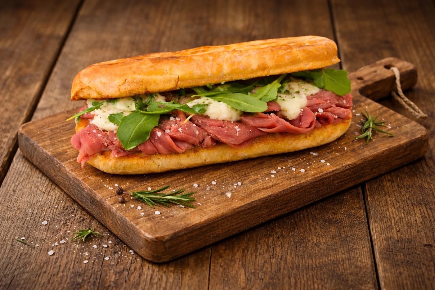 Sandwich mit Roastbeef, Rucola und Käse auf einem Holzbrett, garniert mit Kräutern und Salz.