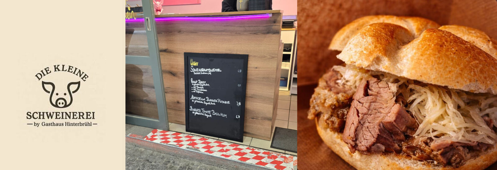 Ein Mann steht hinter einem Tresen, auf dem eine Speisekarte mit Kreide und ein Sandwich mit Fleisch und Sauerkraut abgebildet sind.