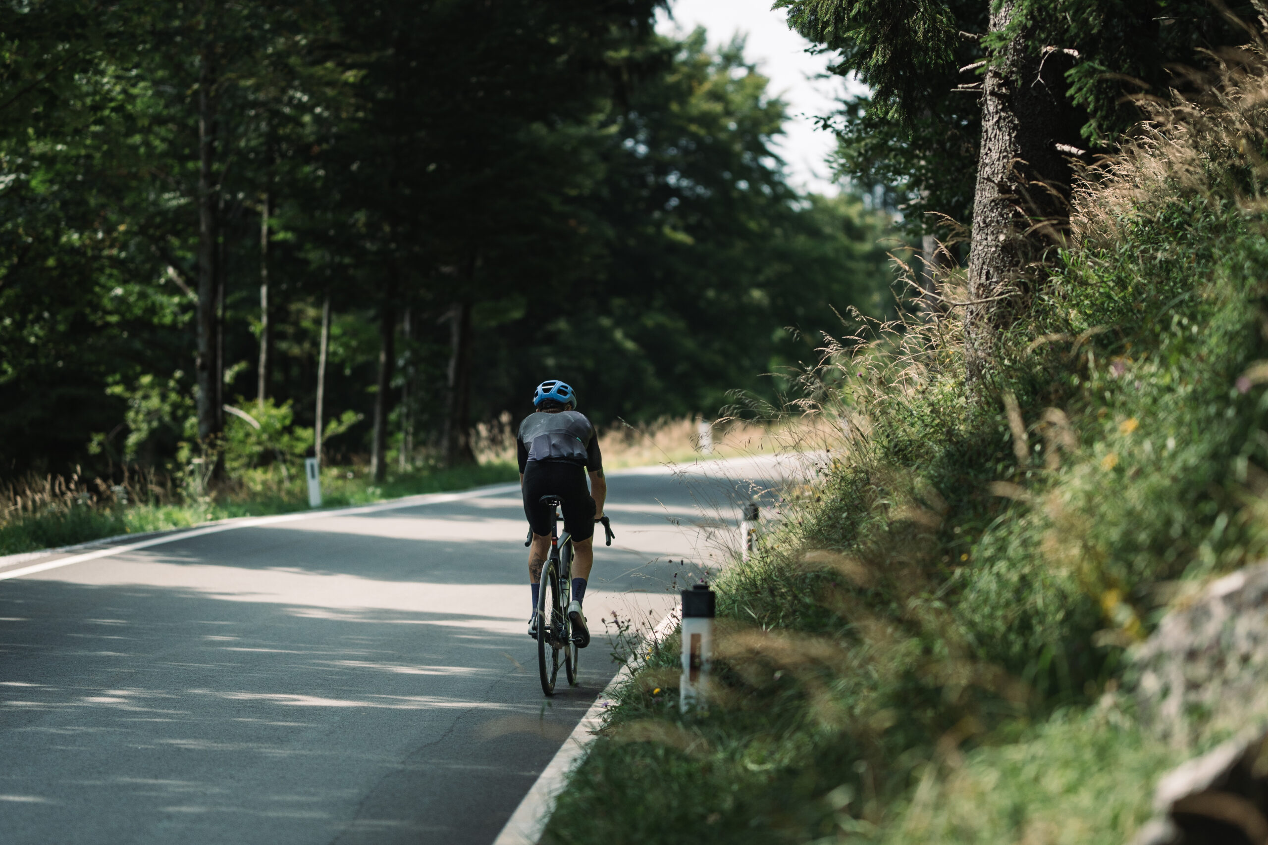 Ein Radfahrer mit blauem Helm fährt an einem sonnigen Tag allein auf einer kurvenreichen, von Bäumen gesäumten Straße.