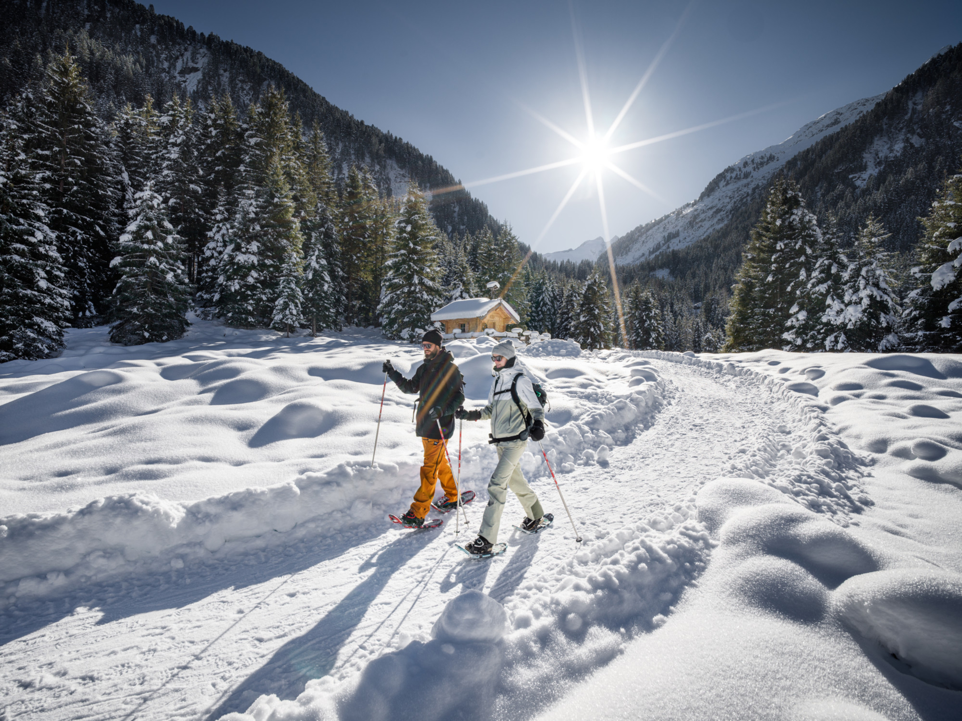 Zwei Personen auf Schneeschuhen auf einem verschneiten Weg in einer sonnenbeschienenen Berglandschaft, umgeben von Kiefern.