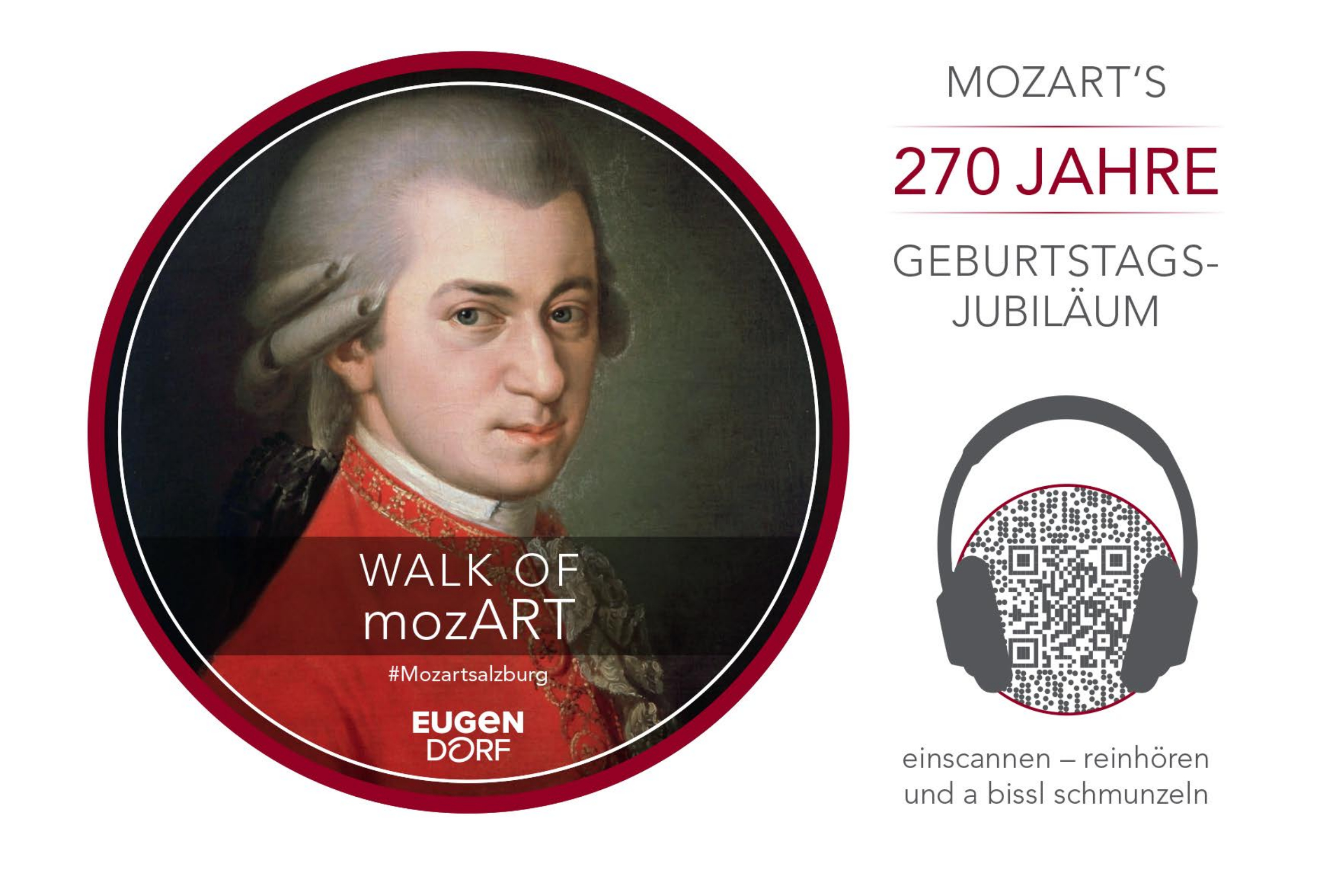 Porträt von Mozart mit einem Text zu seinem 270. Geburtstag und einem QR-Code für die Audio-Tour WALK OF mozART.