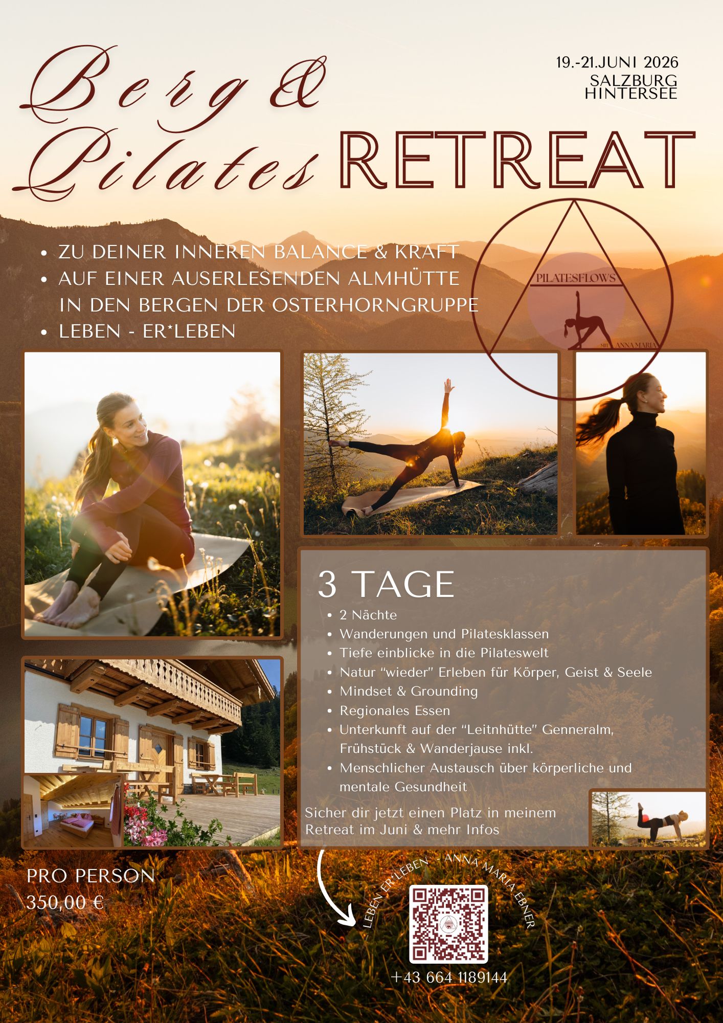 Plakat f&uuml;r ein Berg- und Pilates-Retreat mit Veranstaltungsdetails, Naturbildern und Menschen, die im Freien Pilates machen.