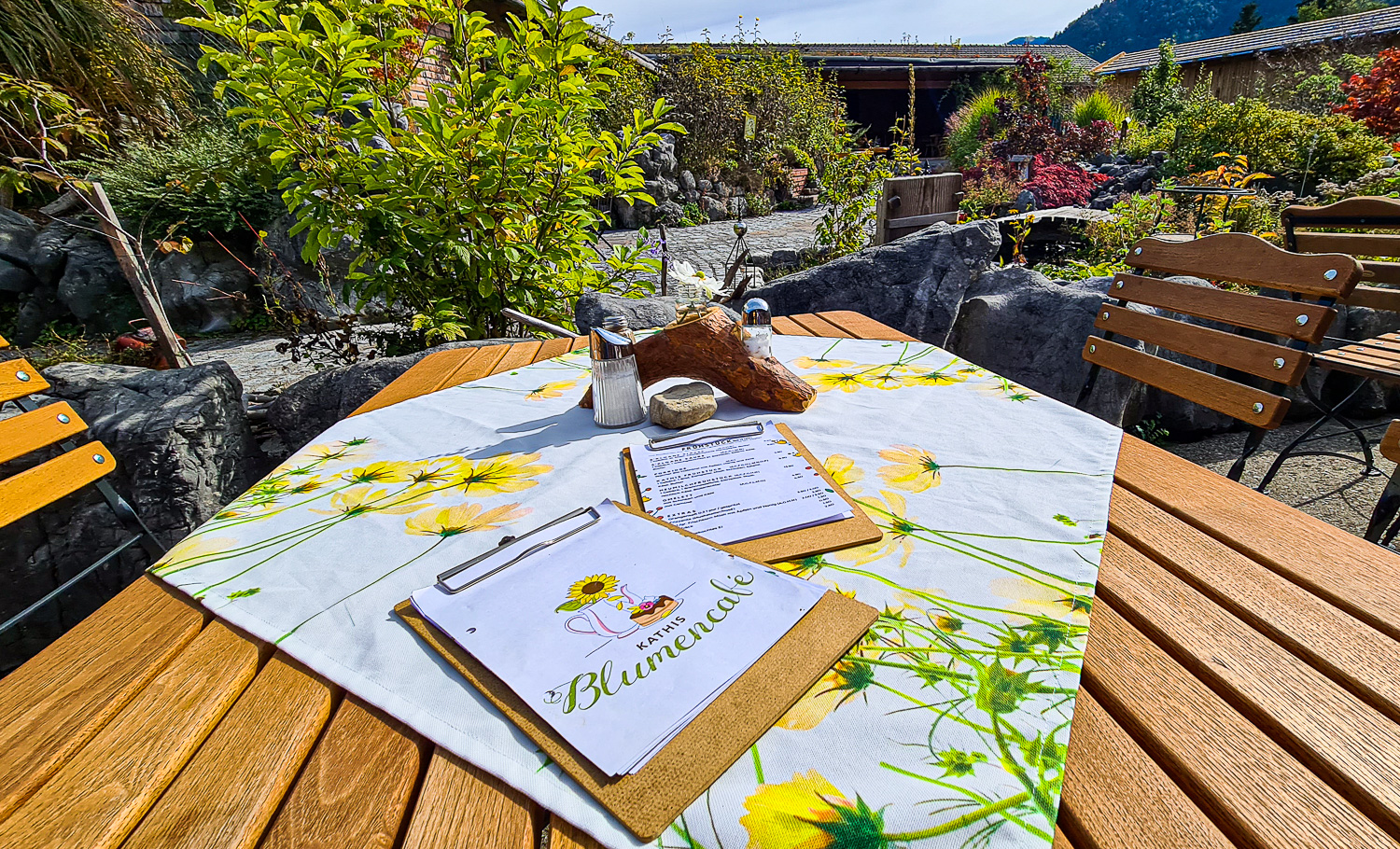Ein sonnendurchfluteter Tisch in Kathis Blumencafé, mit Speisekarten, Brot, Blumentuch, Holzstühlen und üppigen Pflanzen. © Melanie Deisl