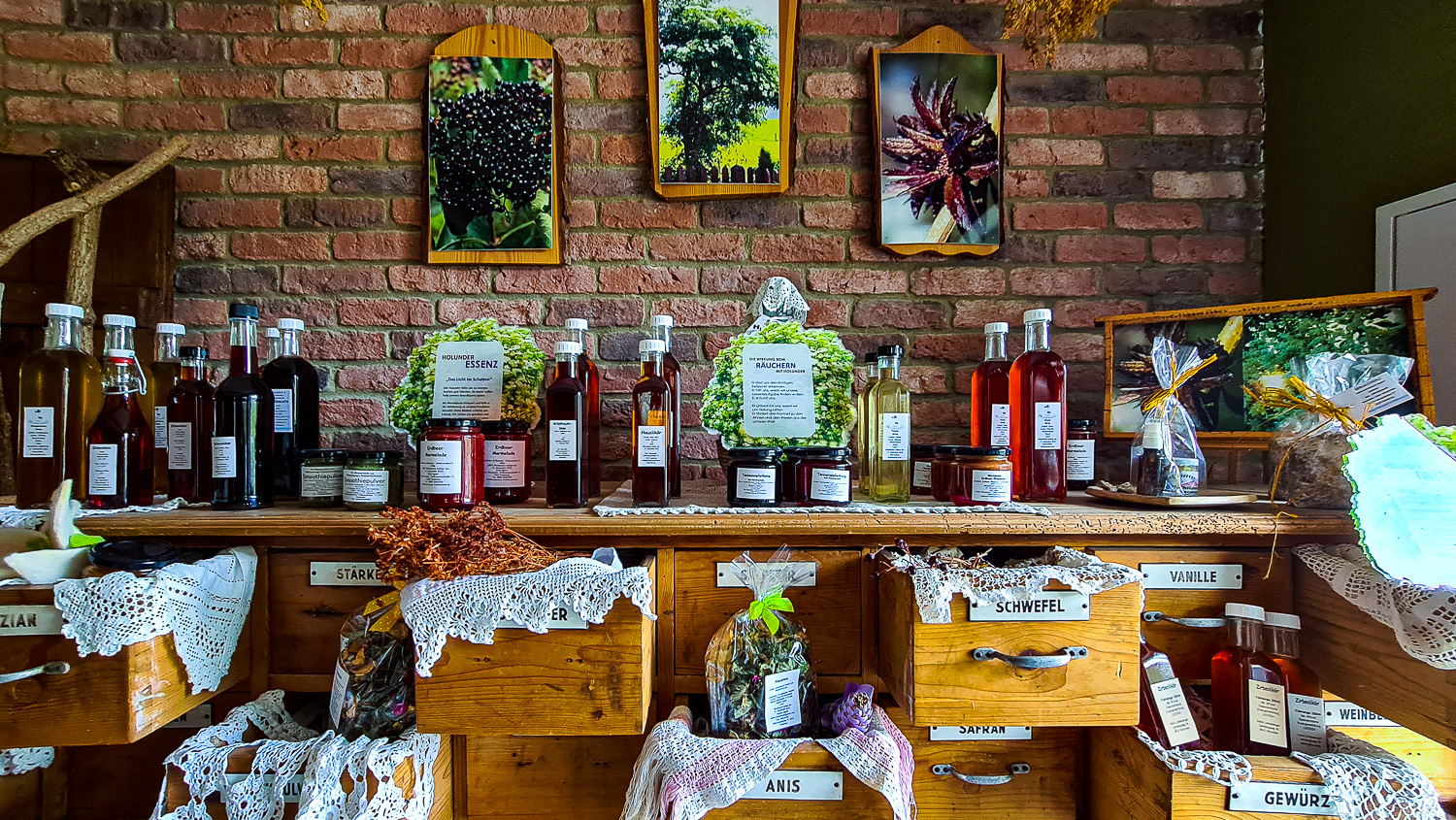 Flaschen und Gläser in einem Holzregal in Kathis Blumencafé © Melanie Deisl