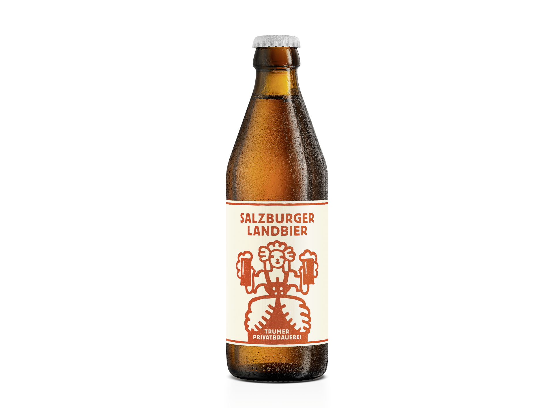 Eine braune Bierflasche mit der Aufschrift Salzburger Landbier mit einer einfachen braunen Grafik auf weißem Hintergrund.