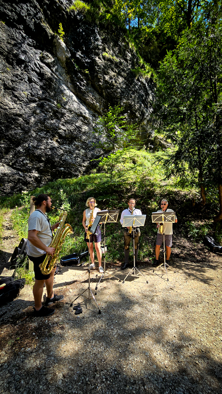 Vier Musiker spielen auf dem M&uuml;hlenfest in Ebenau im Freien an einem felsigen H&uuml;gel Blasmusik und lesen von St&auml;ndern im Sonnenlicht.
