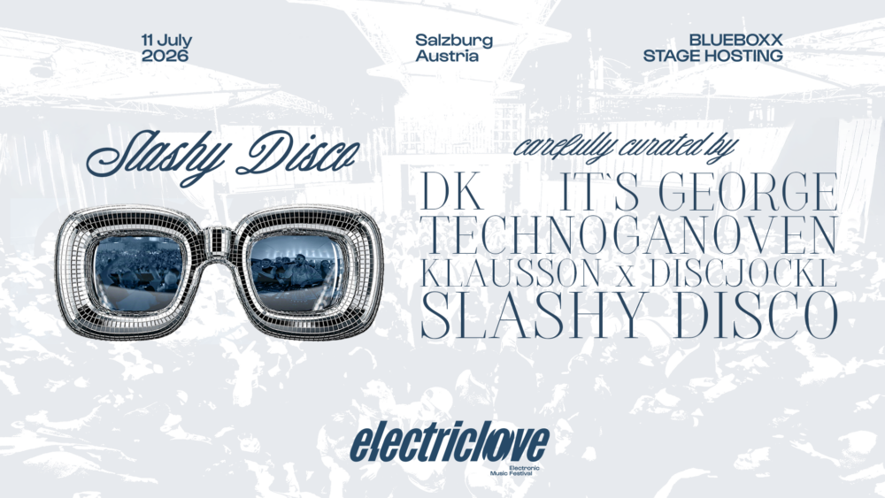 Plakat für die Slashy-Disco-Veranstaltung mit großen Discogläsern und Künstlern, die am 11. Juli 2026 in Salzburg, Österreich, stattfindet.