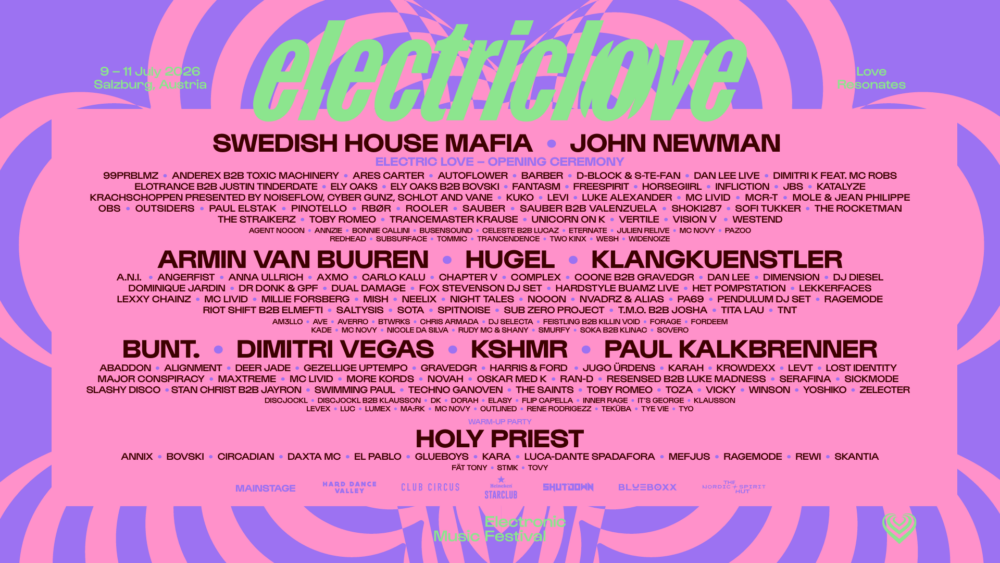 Electric Love Festival 2024 Lineup-Poster mit Künstlernamen auf rosa und lila Hintergrund.