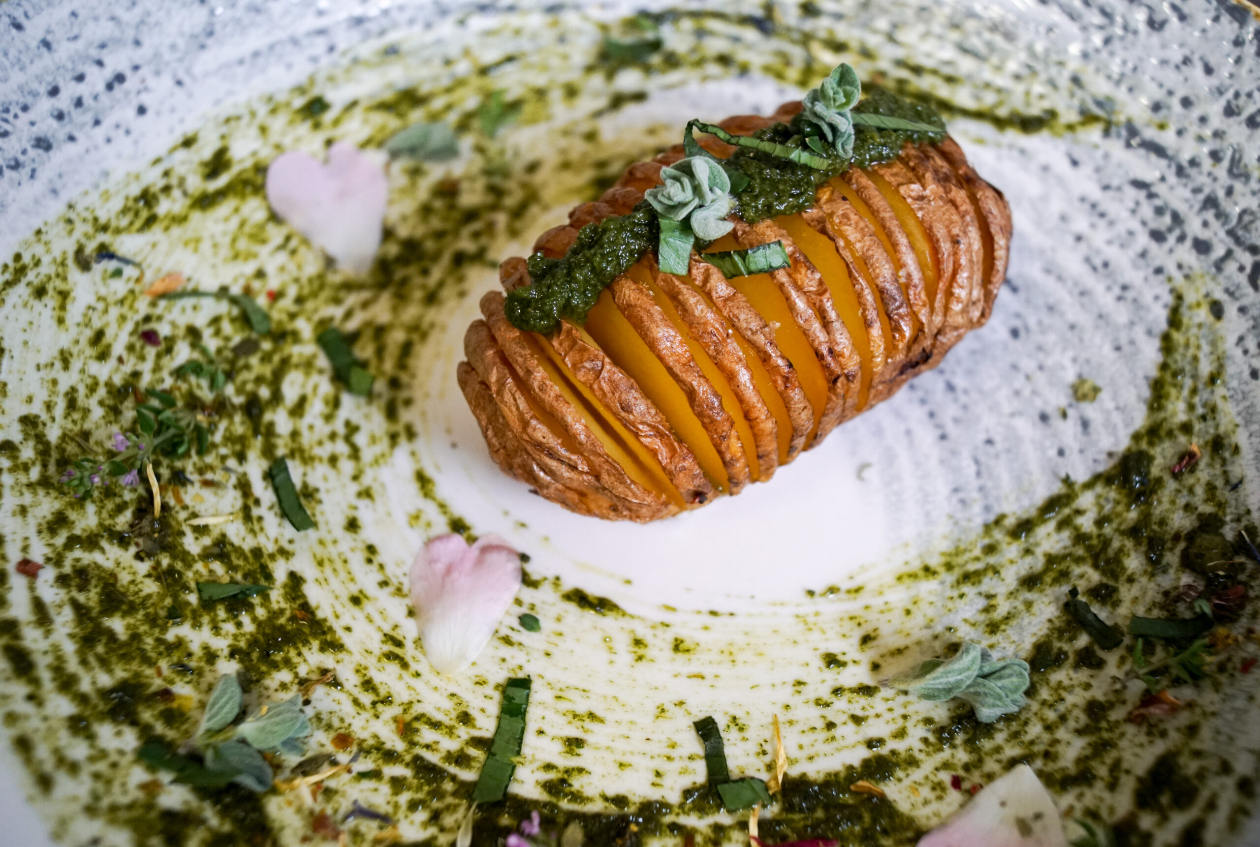 In Scheiben geschnittene Bratkartoffeln mit frischen Kr&auml;utern und So&szlig;e, garniert mit Bl&uuml;tenbl&auml;ttern auf einem strukturierten wei&szlig;en Teller.